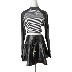 sz:m, black and white striped long-sleeve crop top and black faux leather skirt
